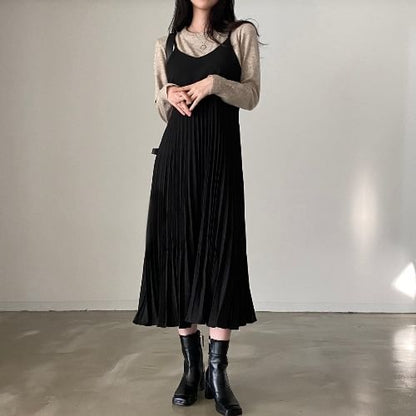 Pleated V-Neck A-Line Midi Dress