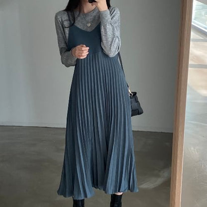 Pleated V-Neck A-Line Midi Dress