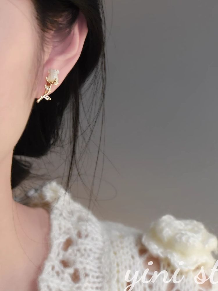 Rose Alloy Earring Stud Rhinestone Heart Asymmetrical