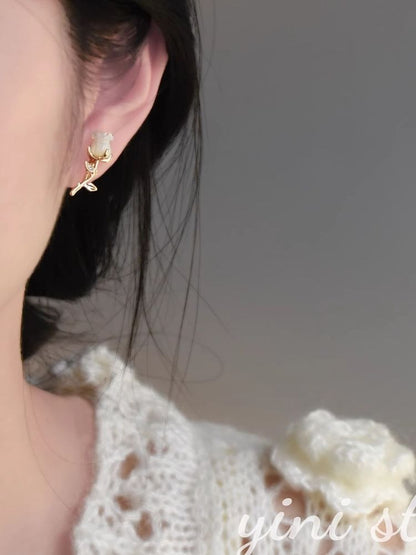 Rose Alloy Earring Stud Rhinestone Heart Asymmetrical