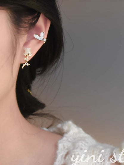 Rose Alloy Earring Stud Rhinestone Heart Asymmetrical