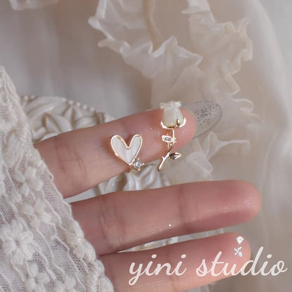Rose Alloy Earring Stud Rhinestone Heart Asymmetrical