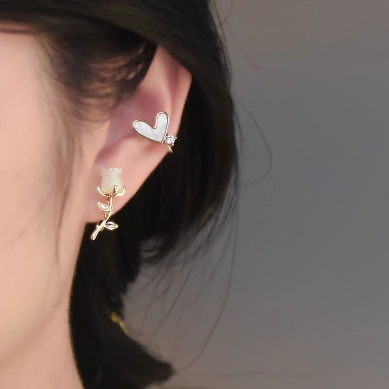 Rose Alloy Earring Stud Rhinestone Heart Asymmetrical