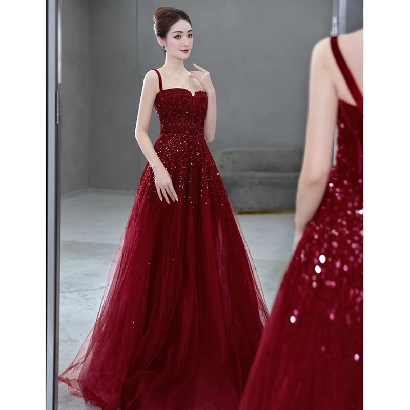 Sequin Mesh A-Line Evening Gown