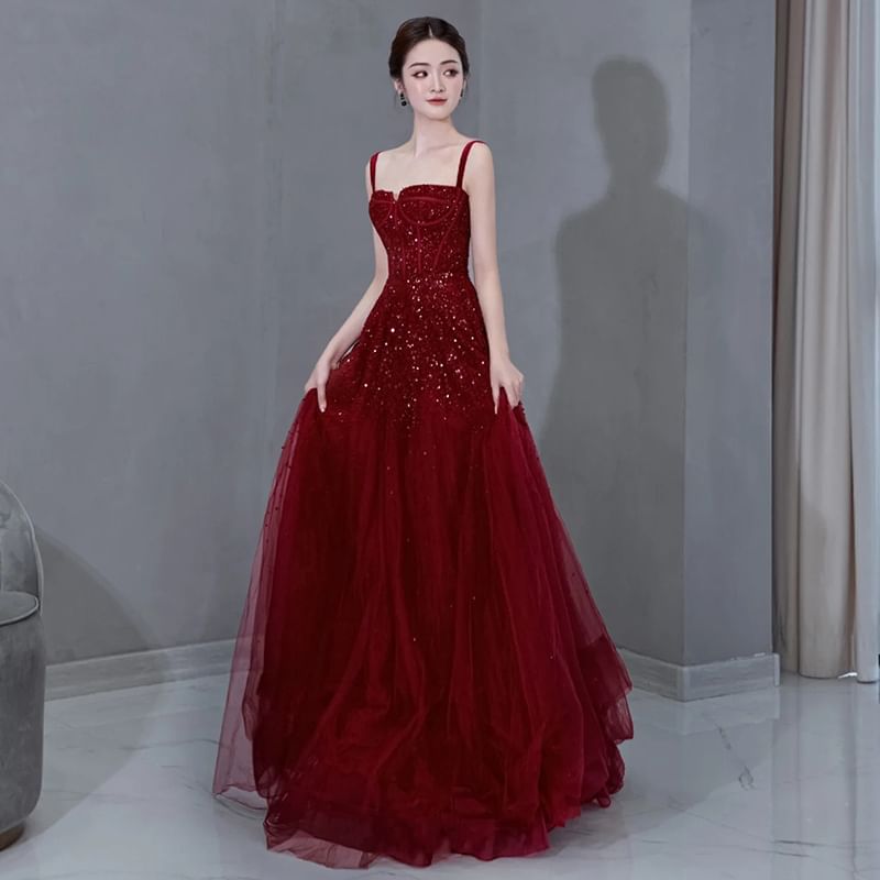 Sequin Mesh A-Line Evening Gown