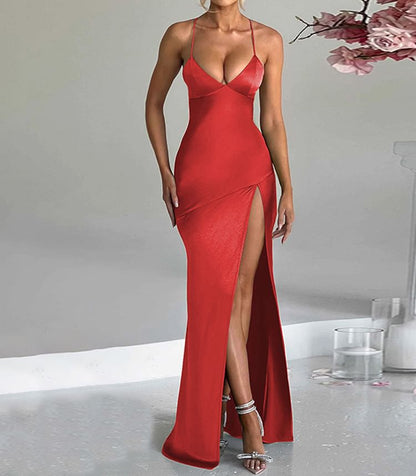 V-Neck Open Back Slit Mermaid Maxi Dress