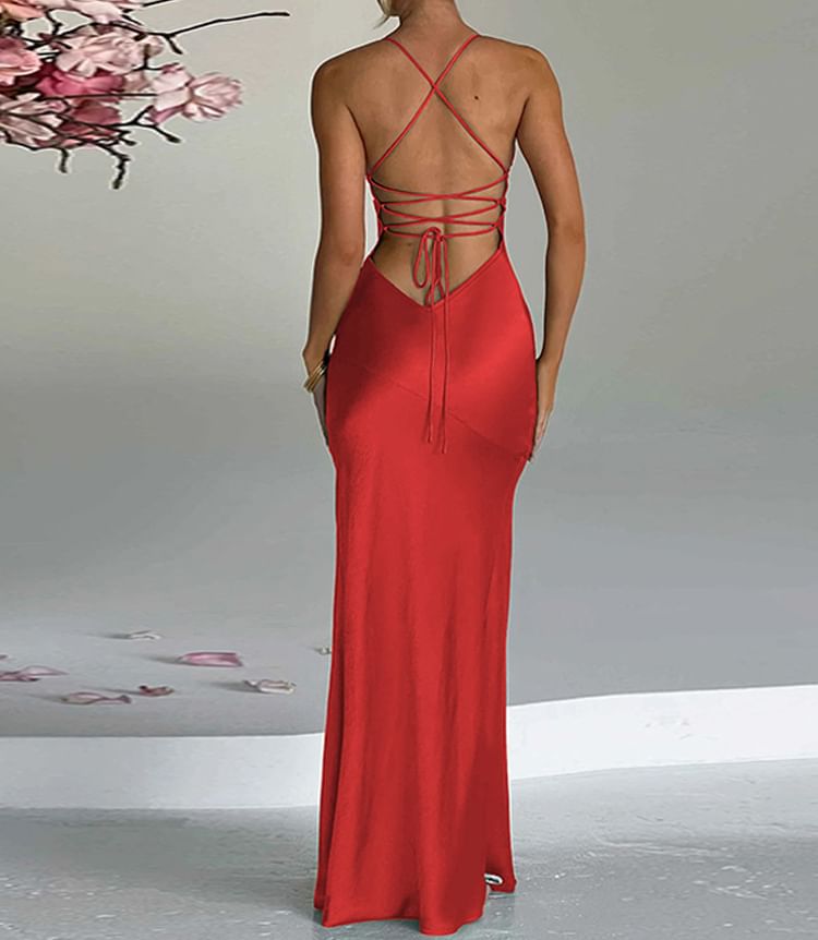V-Neck Open Back Slit Mermaid Maxi Dress