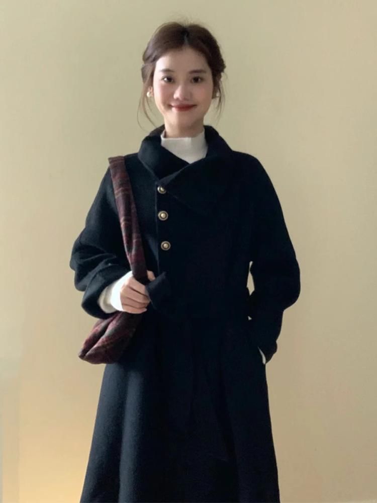 Collared Button-Up Wrapped Plain Long Coat