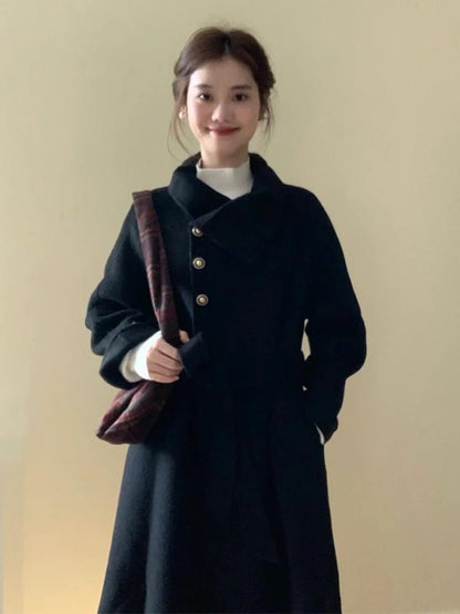 Collared Button-Up Wrapped Plain Long Coat