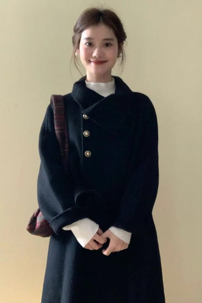 Collared Button-Up Wrapped Plain Long Coat