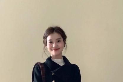 Collared Button-Up Wrapped Plain Long Coat