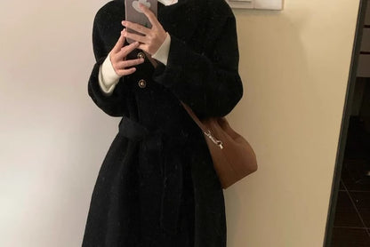 Collared Button-Up Wrapped Plain Long Coat