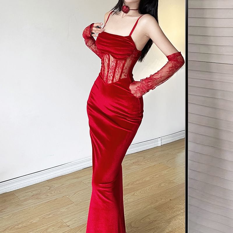 Lace Corset Maxi Sheath Dress & Arm Sleeves Set