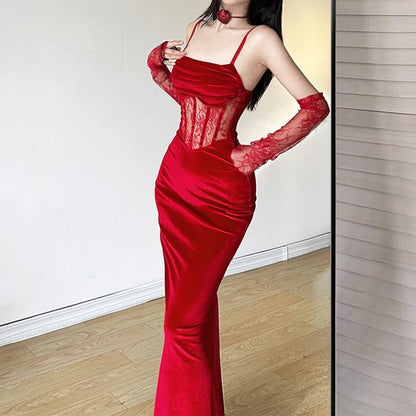 Lace Corset Maxi Sheath Dress & Arm Sleeves Set