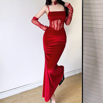 Lace Corset Maxi Sheath Dress & Arm Sleeves Set