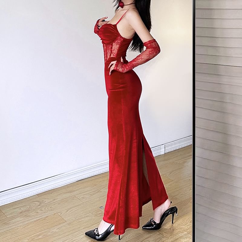 Lace Corset Maxi Sheath Dress & Arm Sleeves Set