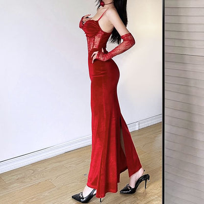 Lace Corset Maxi Sheath Dress & Arm Sleeves Set