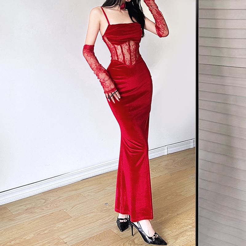 Lace Corset Maxi Sheath Dress & Arm Sleeves Set