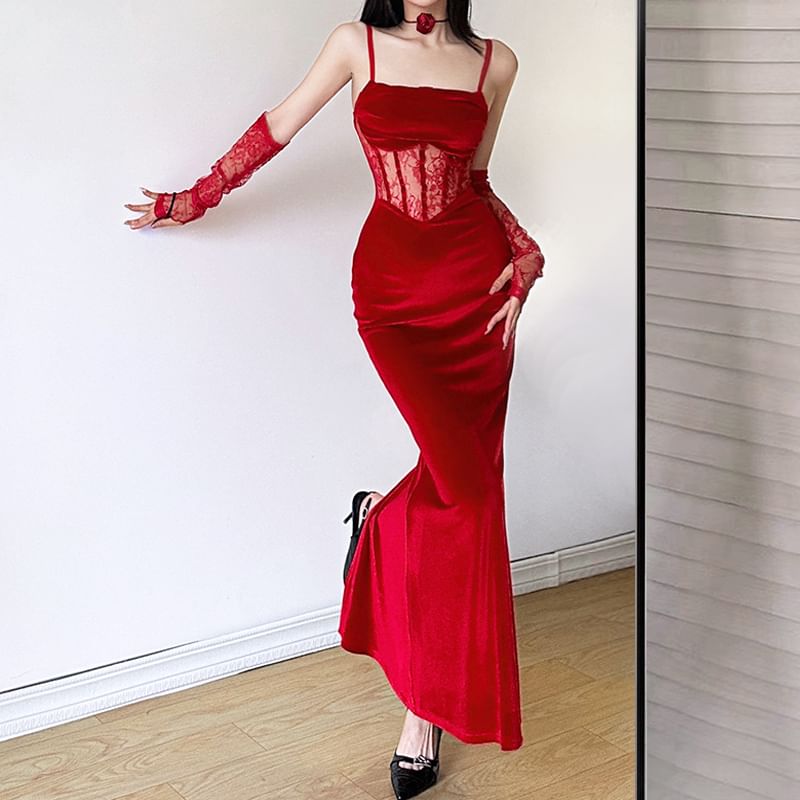 Lace Corset Maxi Sheath Dress & Arm Sleeves Set