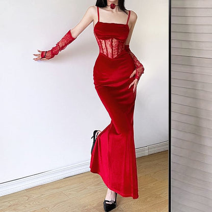 Lace Corset Maxi Sheath Dress & Arm Sleeves Set
