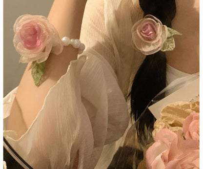 (Various / Designs) Tie Scrunchie Hair Pearl Clip Mesh Rose Faux