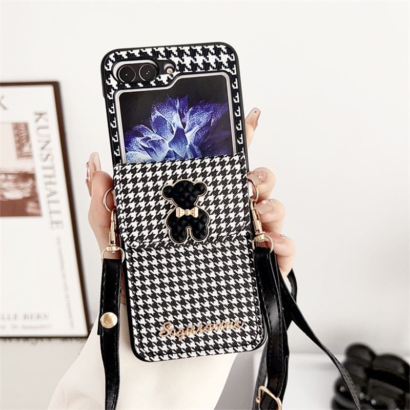 Lanyard Phone Cat Case Pearl Faux Houndstooth