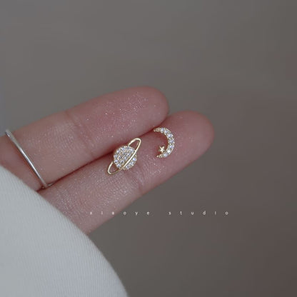 Stud Asymmetrical Rhinestone Silver Moon Earring Sterling