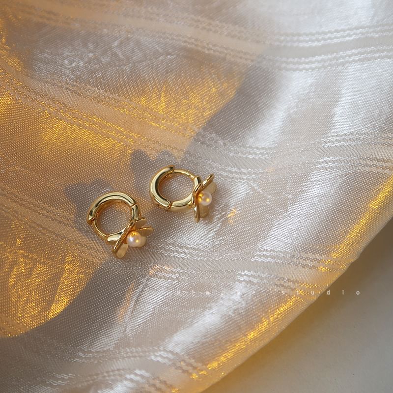 Flower Huggie Earring Faux Pearl Silver Sterling