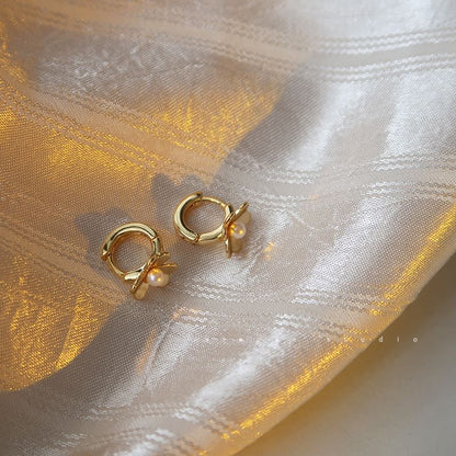 Flower Huggie Earring Faux Pearl Silver Sterling