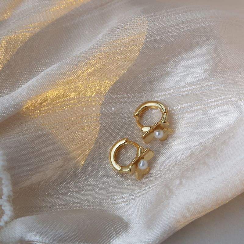 Flower Huggie Earring Faux Pearl Silver Sterling