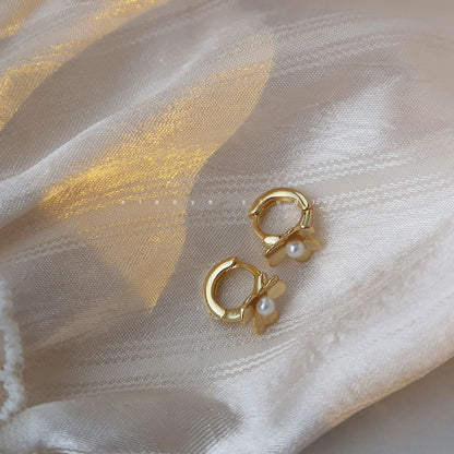 Flower Huggie Earring Faux Pearl Silver Sterling