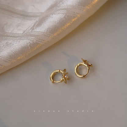 Flower Huggie Earring Faux Pearl Silver Sterling