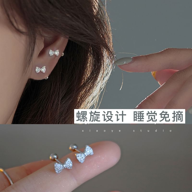 Earring Silver Barbell Rhinestone Bow Sterling