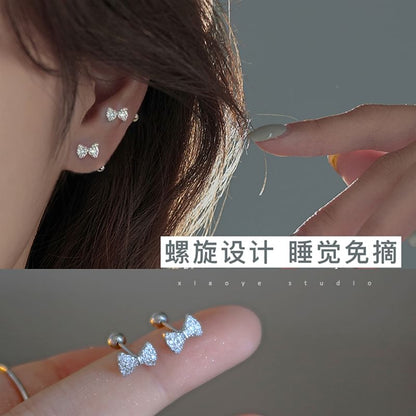 Earring Silver Barbell Rhinestone Bow Sterling