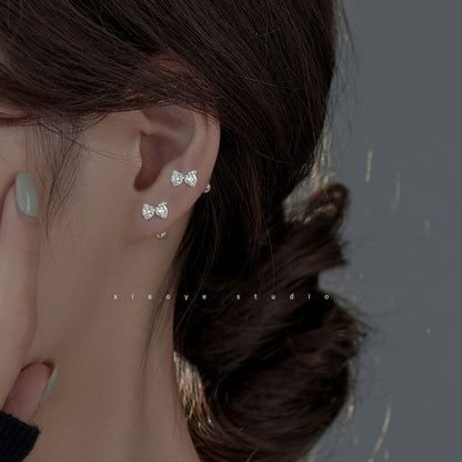 Earring Silver Barbell Rhinestone Bow Sterling