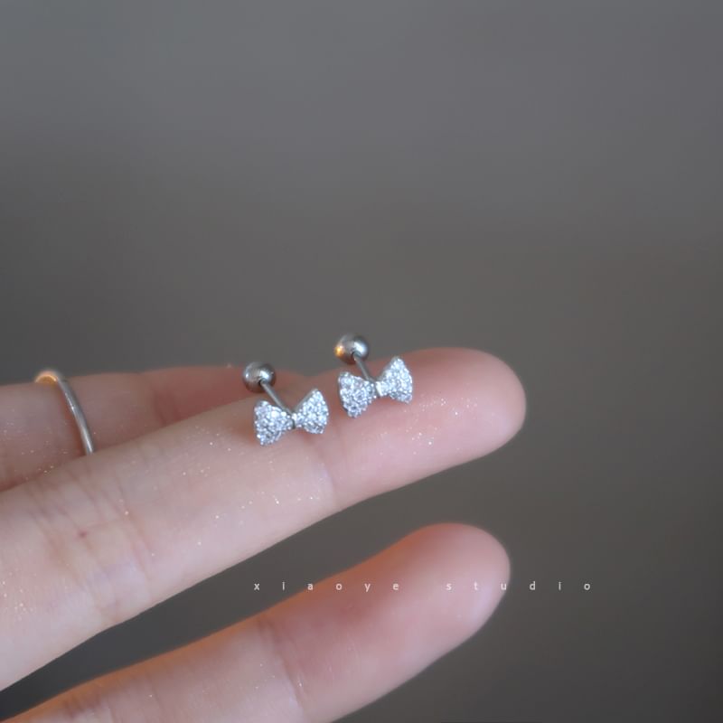 Earring Silver Barbell Rhinestone Bow Sterling