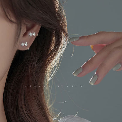 Earring Silver Barbell Rhinestone Bow Sterling