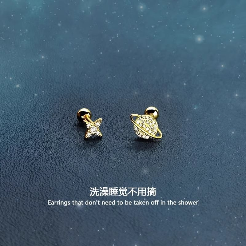 Rhinestone Barbell Star Earring Silver Sterling Asymmetrical