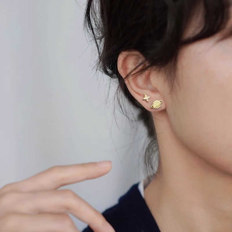 Rhinestone Barbell Star Earring Silver Sterling Asymmetrical