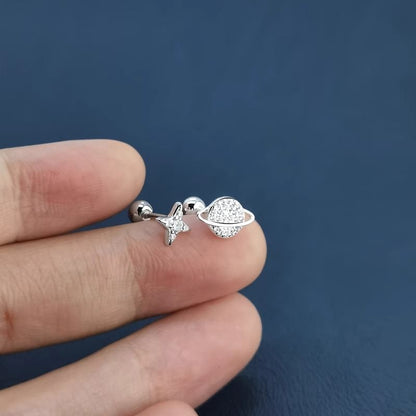 Rhinestone Barbell Star Earring Silver Sterling Asymmetrical
