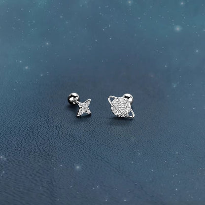 Rhinestone Barbell Star Earring Silver Sterling Asymmetrical