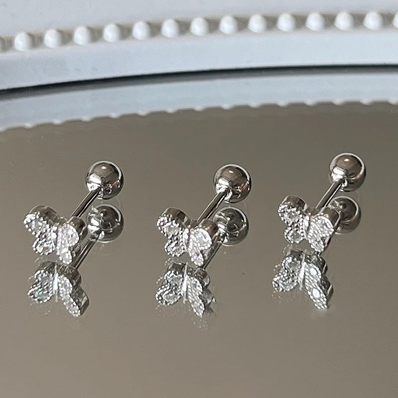Earring Rhinestone Barbell Sterling Butterfly Silver