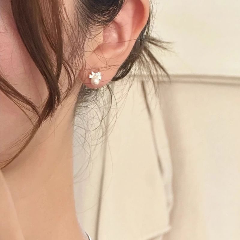 Sterling Bow Pearl Silver Faux Barbell Earring