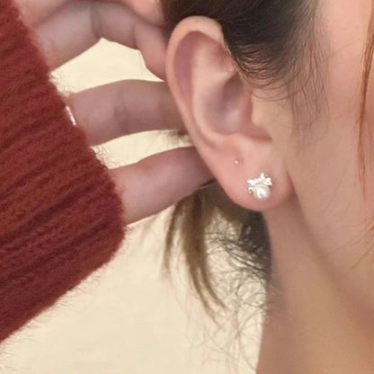 Sterling Bow Pearl Silver Faux Barbell Earring