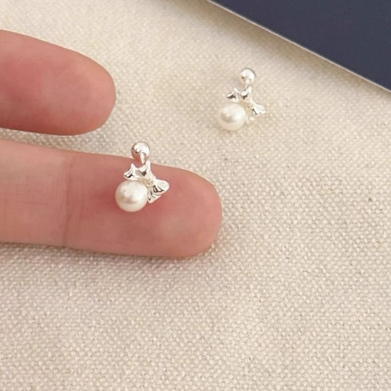 Sterling Bow Pearl Silver Faux Barbell Earring