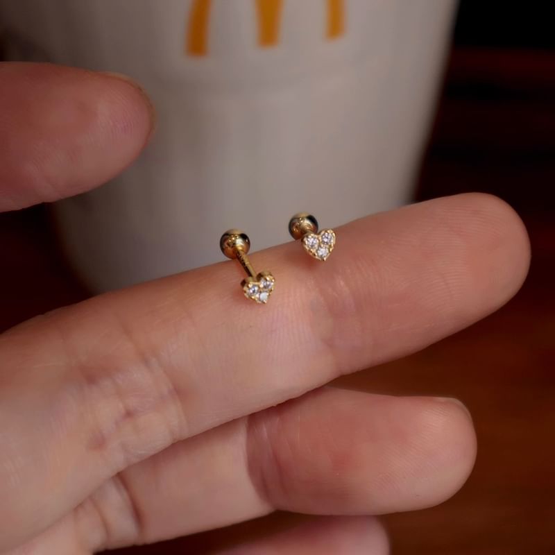 Barbell Rhinestone Earring Silver Heart Sterling