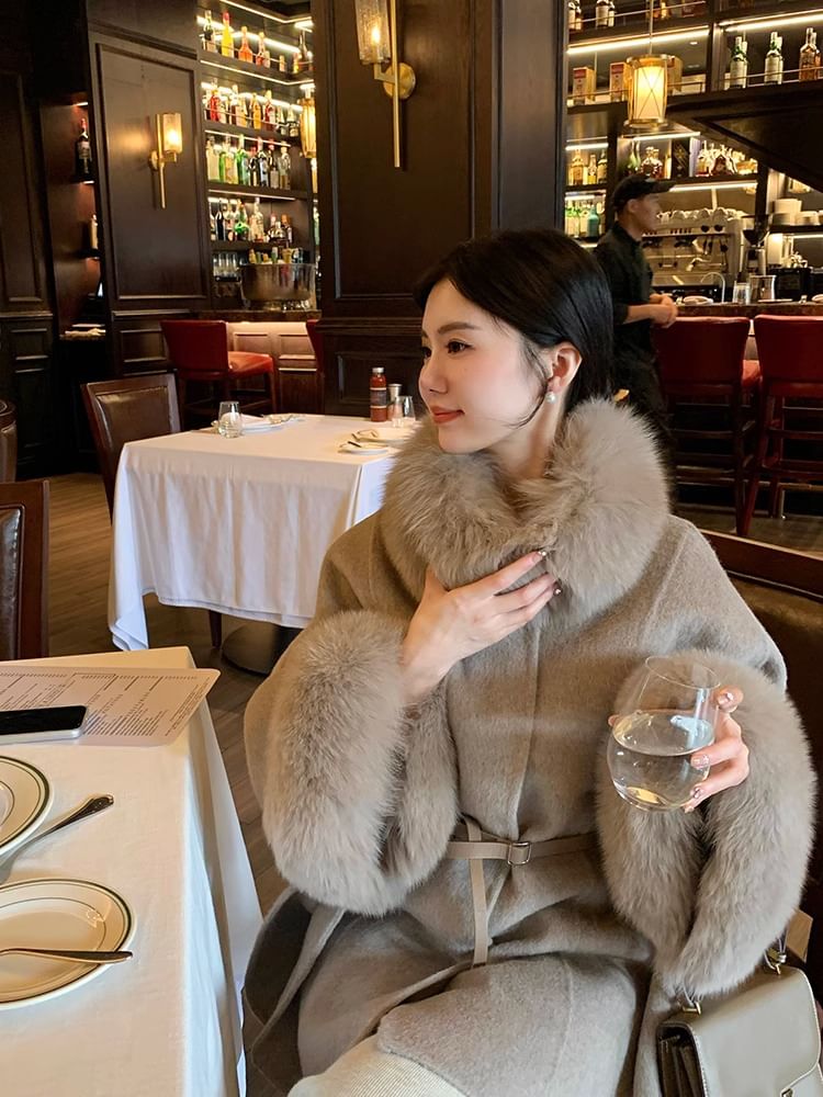 Collared Plain Panel Faux Fur Belted Coat