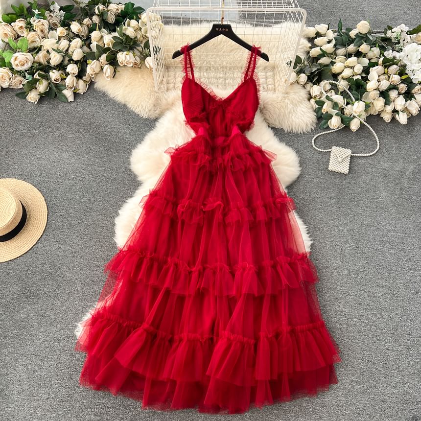 Frill Trim Tiered Open Back Mesh A-Line Maxi Dress