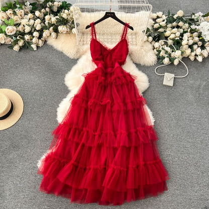 Frill Trim Tiered Open Back Mesh A-Line Maxi Dress
