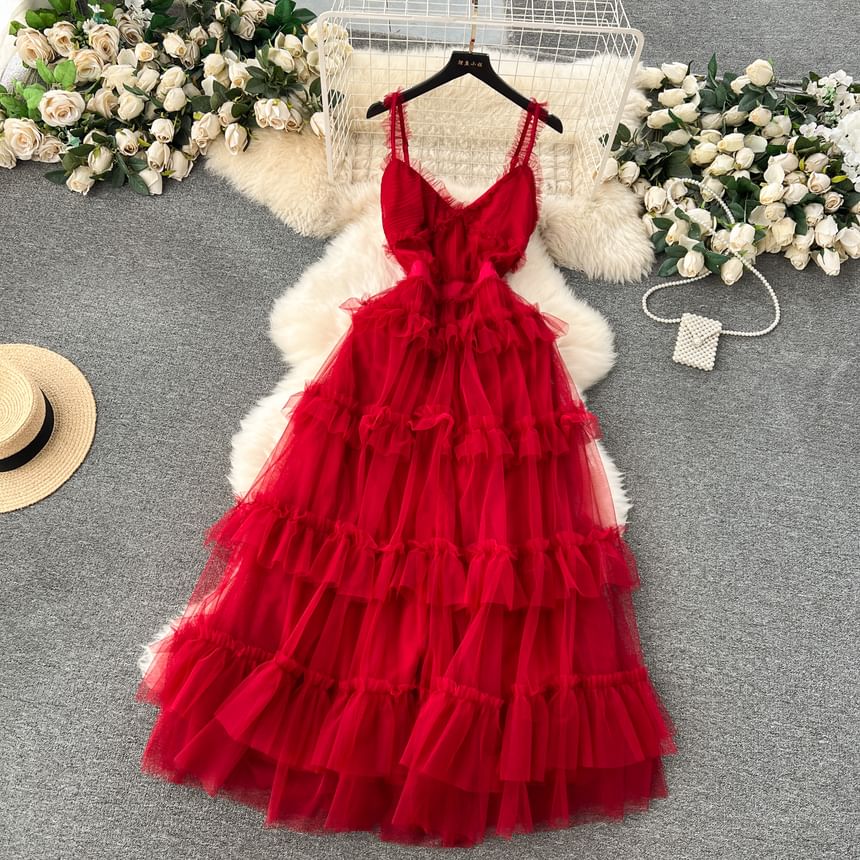 Frill Trim Tiered Open Back Mesh A-Line Maxi Dress